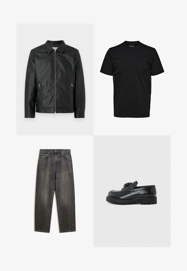 Schwarze Lederjacke mit Druckknopfkragen, frontalem Reißverschluss und zwei seitlichen Reißverschlusstaschen. Texturierte Oberfläche und strukturierter Schnitt runden den Look ab.; Schwarzes, schlichtes T-Shirt mit kurzen Ärmeln, Rundhalsausschnitt und regulärer Passform ohne sichtbare Muster oder Logos.; Schwarze Jeans aus Denim mit entspannter Passform, fünf Taschen, Knopfverschluss und dezentem Verblassen in der Stoffstruktur.; Schwarzer Leder-Slipper mit Quasten, dicke Gummisohle und niedrigem Absatz, im Seitenprofil vor einem einfarbigen Hintergrund gezeigt.