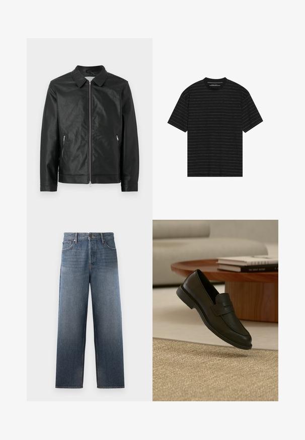Schwarze Lederjacke mit Druckknopfkragen, frontalem Reißverschluss und zwei seitlichen Reißverschlusstaschen. Texturierte Oberfläche und strukturierter Schnitt runden den Look ab.; Schwarzes Kurzarm-T-Shirt mit schmalen weißen horizontalen Streifen. Hergestellt aus weichem Stoff mit einem Rundhalsausschnitt und entspannter Passform.; Jeans aus Denim in mittlerem Blau mit einem geraden Bein Design, ausgestattet mit fünf Taschen, einem Knopf- und Reißverschluss sowie subtilen Verblassungen.; Schwarzer Lederloafer-Schuh schwebt über einem beige gewebten Teppich, mit einem Holztisch und gestapelten Büchern in einem sanft beleuchteten Wohnzimmer.