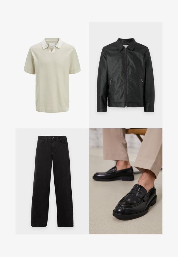 Sort læderjakke med knapkrave, frontlynlås og to sidelommer med lynlås. Teksturfinish og struktureret design fuldender udseendet.; Kortærmet beige polo-shirt med et struktureret strikkemønster, kontrasterende krave og ribbede ærmeslids. Har en v-hals og sømaksenter på siden.; Sorte denimjeans med lige ben, fem lommer og knaplukning. Teksturstof og minimalistisk æstetik.; Sorte lædermokkasiner med en glat overflade, der har en dekorativ rem og kontraststing, parret med beige bukser.
