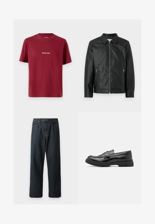 Sort læderjakke med knapkrave, frontlynlås og to sidelommer med lynlås. Teksturfinish og struktureret design fuldender udseendet.; Burgunderrød bomulds t-shirt med korte ærmer og rund hals. Har hvid broderet tekst, der siger "Originals Studio" på forsiden.; Mørk denimjeans med lige bendesign, der har en traditionel fem-lommeopbygning og en metalknaplukning i taljen.; Sort læder loafersko med en bred rem over forfoden, gummisål med tykke mønstre og glat overflade. Klassisk, slankt design.