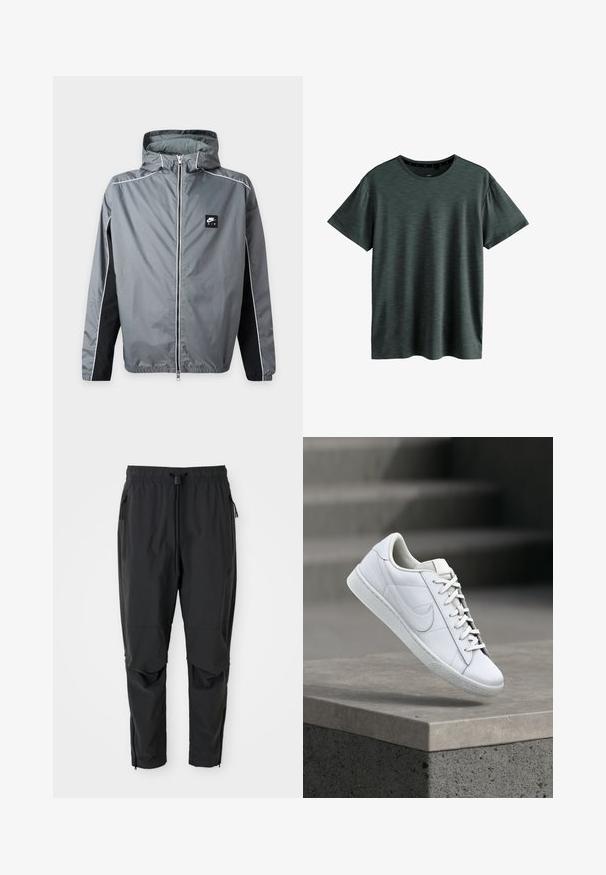 Grijze Nike Air met capuchon jas met volledige ritssluiting aan de voorkant, zwarte zijpanelen, witte biezen en elastische manchetten, weergegeven op een effen achtergrond.; Donkergrijze T-shirt gemaakt van zachte, gestructureerde stof. Beschikt over een klassieke ronde hals en korte mouwen met een subtiel patroon. Geen zichtbare logo's.; Zwarte lichte broek met elastische tailleband, koord, ritszakken aan de zijkant, gebogen knieën en ritssluitingen bij de enkels.; Witte lederen sneaker met veters en Nike swoosh-logo die boven een betonnen richel zweeft in een buitenomgeving.