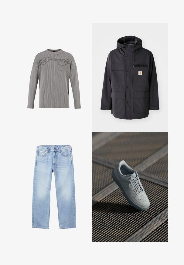 Chaqueta negra con capucha de tela suave, con múltiples bolsillos frontales, un bolsillo de pecho con cremallera y un parche de logo.; Suéter de punto acanalado gris con escote redondo, hombros caídos y una superficie texturizada. Presenta el logo "Ed Hardy" en un gris más oscuro en la parte delantera.; Vaqueros de mezclilla azul claro de pierna recta con bolsillos delanteros, trabillas para cinturón, cierre de botones y una pequeña etiqueta de Calvin Klein en el bolsillo delantero derecho.; Zapatillas de cuero gris con punta perforada, cordones planos, collar acolchado y suela de goma texturizada. Presenta un sutil detalle de marca.