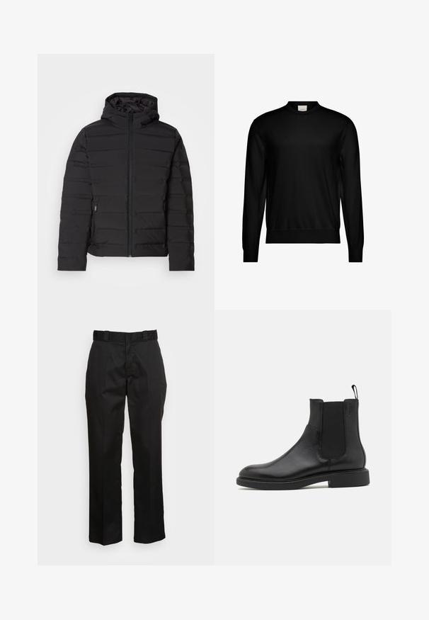Schwarze gepolsterte Jacke mit Kapuze, mit horizontalen Nähten, Reißverschluss vorne und seitlichen Taschen. Glatte Textur, leichtes Design.; Schwarzer Pullover mit langem Arm und Rundhalsausschnitt, mit gerippten Bündchen und Saum, versehen mit einem kleinen weißen Markenetikett innen am Halsausschnitt.; Schwarze Hose aus einem glatten Stoff, mit einem geraden Bein Design, Gürtelschlaufen und zwei Seiten Taschen. Klassischer Look ohne Verzierungen.; Schwarze Leder-Ankle-Boots mit glatter Textur, elastischen Seitenpaneelen und einer Zuglasche. Runde Zehenpartie und flache Gummisohle mit minimalem Profil.