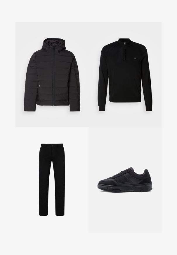 Sort polstret jakke med hætte, med vandrette syninger, frontlynlås og sidelommer. Glat tekstur, letvægtsdesign.; Sort striktrøje med halv-zip krave, ribbede håndled, teksturerede skulderdetaljer og et lille logo på brystet.; Sorte bomuldsbukser med lige pasform, der har knaplukning, bæltestropper og minimalistisk design. Glat tekstur, ingen mønstre.; Sort lavtop sneaker med snørelukning foran, teksturerede sidel paneler og tyk gummisål, vist i profil på en ensfarvet baggrund.