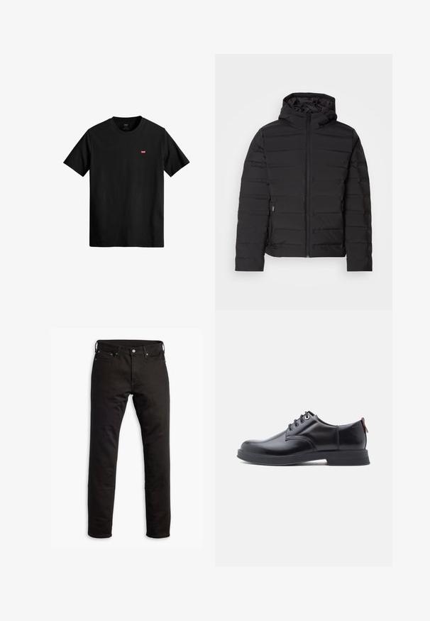 Veste matelassée noire avec capuche, dotée de coutures horizontales, fermeture éclair à l'avant et poches latérales. Texture lisse, design léger.; T-shirt en coton noir avec un col rond, des manches courtes et un petit logo rouge Levi's sur la poitrine gauche. Design léger et simple.; Jeans en denim noir avec une coupe droite, des poches avant et une fermeture à bouton. Le tissu a une texture lisse et un minimum de détails.; Chaussures en cuir noir à lacets avec une texture lisse, un bout arrondi et des détails de couture discrets. Présentent une languette rouge à l'arrière.