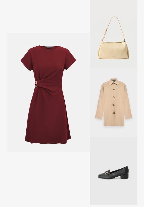 Trench-coat beige avec un col chemise, six boutons foncés et des poches latérales. Tissu lisse avec une coupe légèrement structurée.; Robe rouge foncé à manches courtes avec encolure arrondie et détail de boucle latérale créant un effet froncé à la taille.; Mocassins en cuir noir à talon large, avec un bout pointu et un détail en métal doré à l'avant, présentant une texture lisse et un design minimaliste.; Sac bandoulière rectangulaire beige avec sangle réglable et fermeture éclair, comportant un petit logo "Anna Field" au centre avant.