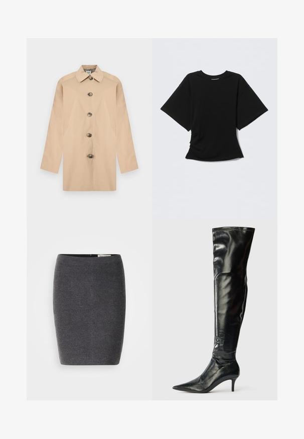 Beige trenchcoat med krave, seks mørke knapper og sidelommer. Glat stof med en let struktureret pasform.; Sort T-shirt med korte ærmer og rund hals, let oversized pasform, vist på en lysegrå baggrund.; Grå uld blyantskirt med en glat tekstur og tætsiddende design, med en diskret talje og uden synlige udsmykninger.; Knæhøje sorte læderstøvler med en blank finish, spidse tæer og en slank stilettohælt. Har en tætsiddende top med syningsdetaljer.