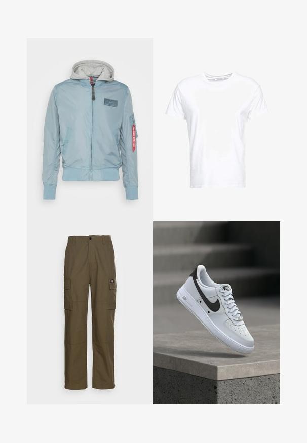 Jacket bomber de color azul claro con capucha gris. Cuenta con puños y cintura acanalados, cierre frontal con cremallera, bolsillo en ángulo y un detalle de etiqueta roja.; Camiseta de algodón blanca con cuello redondo y mangas cortas, con un corte clásico y una textura suave. Sin patrones ni elementos metálicos visibles.; Pantalones cargo en verde oliva, hechos de un tejido resistente. Presenta dos bolsillos laterales, una cintura estándar y un diseño de pierna recta.; Zapatilla blanca Nike Air Force 1 con logo Swoosh negro, flotando sobre un saliente de hormigón con escaleras difuminadas al fondo.