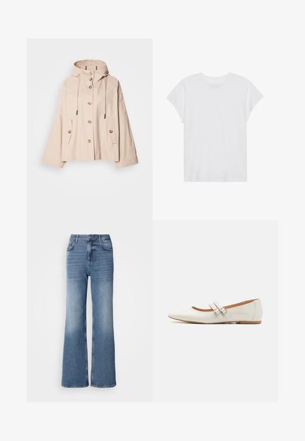 Lys beige hættetrøje i en afslappet pasform, med knaplukning foran, to sidelommer og justerbare snore i hætten.; Hvid kortærmet t-shirt med rund hals, afslappet pasform, lavet af blødt bomuldsstof. Glat tekstur, ingen mønstre eller logoer.; Mos Mosh MAI - Jeans Straight Leg - blue wash; Hvide patentlæder flade sko med spids tå, to dekorative stropper med sølvspænder og en diskret brun sål.