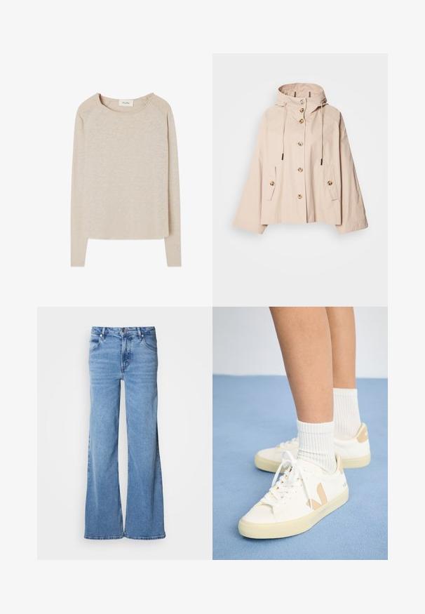 Lys beige hættetrøje i en afslappet pasform, med knaplukning foran, to sidelommer og justerbare snore i hætten.; Beige langærmet top med et blødt, struktureret stof. Har en rund halsudskæring og raglanærmer. Buet søm med en afslappet pasform.; Lyseblå jeans med vid ben lavet af denim. Har et klassisk fem-lomme-design og synlig knaplukning. Blød tekstur og enkel finish.; Hvide sneakers med brune detaljer, rund tå og hvide snørebånd. Båret sammen med ribbede hvide strømper, sat mod en lys blå baggrund.