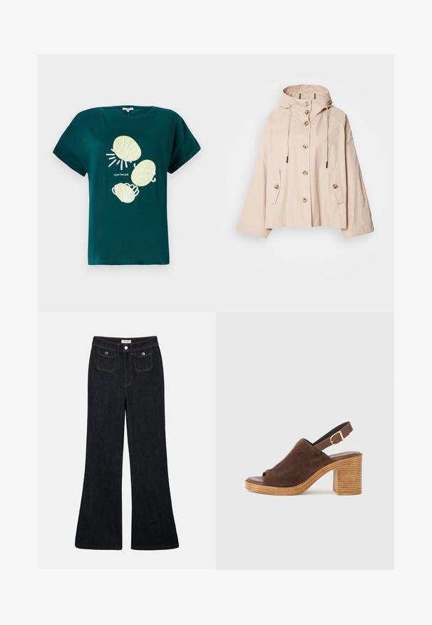 Helle beige Kapuzenjacke in lockerer Passform, mit Knopfverschluss, zwei Seitentaschen und verstellbaren Zugbändern an der Kapuze.; Tropfenvor einer Grafik mit einer Sonne und Muscheln in hellgelb und weiß, aus Baumwolle. Sie hat eine entspannte Passform und umgeschlagene Ärmel.; Schwarze, ausgestellt geschnittene Jeans aus Denim mit hoher Taille, zwei Fronttaschen und orangefarbenen Nähten. Das Material wirkt robust und glatt.; Brauner Wildleder-Peeptoe-Slingback-Schuh mit gestapeltem Holzabsatz und verstellbarem Riemen. Glattes Innenfutter und strukturierte Außengestaltung.