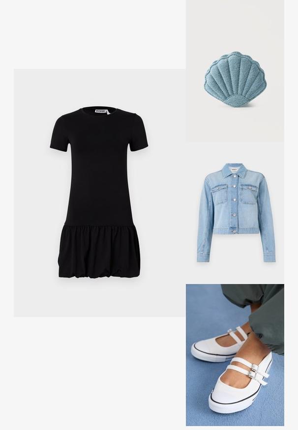 Veste en denim bleu clair au design court, dotée de deux poches poitrine, de boutons en métal argenté et d'embellissements en strass dispersés.; Robe noire à manches courtes avec un corsage ajusté et une jupe évasée et plissée. Matériau doux avec une texture lisse et un col rond.; Baskets blanches en toile avec deux sangles ajustables, bout noir et semelle en caoutchouc texturé. Portées avec un pantalon vert ample sur une surface bleue.; Pochette en tissu bleu en forme de coquille Saint-Jacques avec une couture texturée sur un fond blanc uni.
