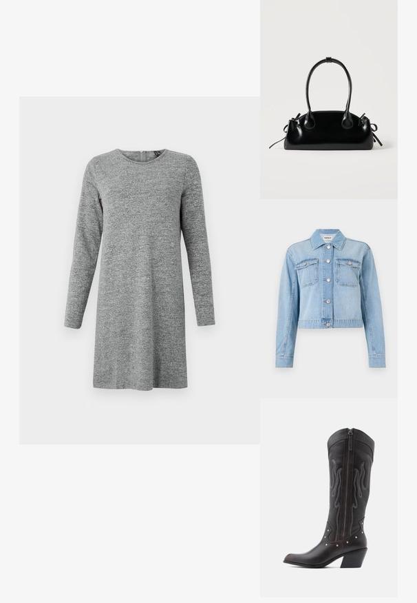 Veste en denim bleu clair au design court, dotée de deux poches poitrine, de boutons en métal argenté et d'embellissements en strass dispersés.; Robe en maille à manches longues, gris clair, avec un col rond et une fermeture éclair dans le dos.; Bottes de cowboy en cuir marron avec surpiqûres en forme de flammes, fermeture éclair latérale, clous argentés, bout pointu et talon superposé.; Petit sac à main noir brillant avec deux longues anses et des détails à cordon sur les côtés sur un fond clair uni.