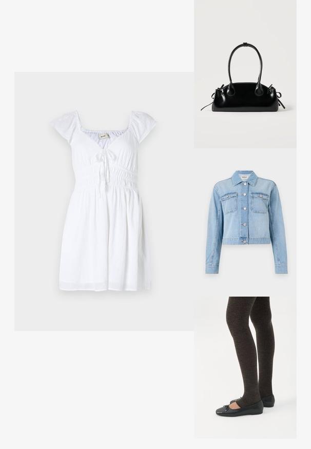 Hellblaues Denim-Jackett mit cropped Design, ausgestattet mit zwei Brusttaschen, silbernen Knöpfen und verstreuten Strass-Applikationen.; Weißes Kleid mit kurzen, puffierten Ärmeln, V-Ausschnitt und gesmoktem Bund, mit einer Bindegarnitur vorne und einem fließenden Rock.; Beine in dunklen, gerippten Leggings kombiniert mit schwarzen Ballerinas mit kleinen Schleifendetails auf weißem Hintergrund.; Kleine schwarze glänzende Handtasche mit zwei langen Griffen und seitlichen Kordelzug-Details vor einfachem hellem Hintergrund.
