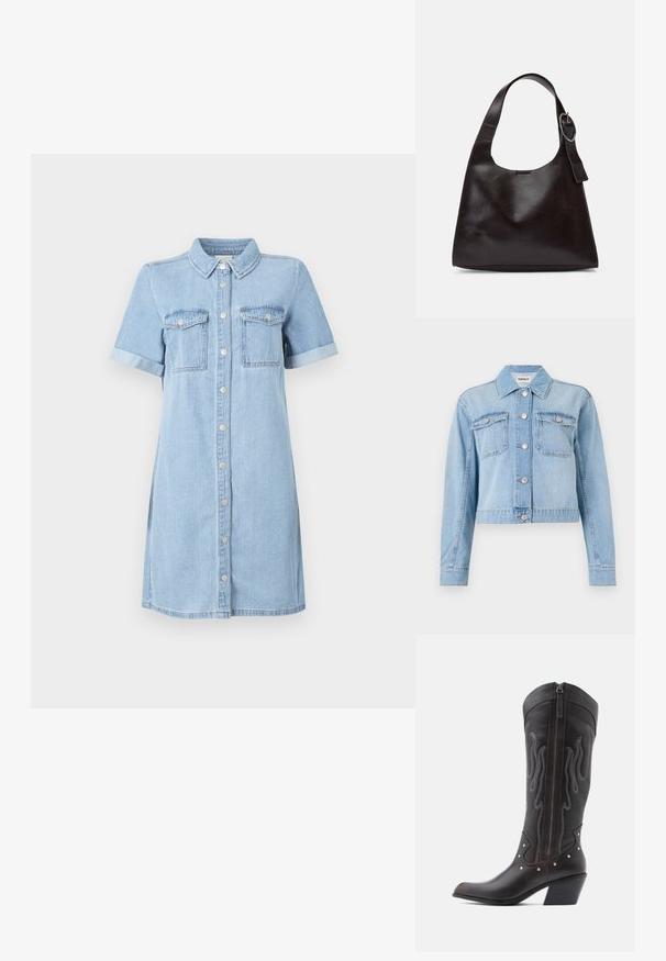 Hellblaues Denim-Jackett mit cropped Design, ausgestattet mit zwei Brusttaschen, silbernen Knöpfen und verstreuten Strass-Applikationen.; Helles blaues Denimkleid mit kurzen Ärmeln, Knopfleiste, zwei Brusttaschen und umgeschlagenen Ärmeln. Glatte Textur und geradliniger Schnitt.; Braune Cowboy-Stiefel aus Leder mit Flammenstickerei, seitlichem Reißverschluss, silbernen Nieten, spitzer Zehenpartie und geschichtetem Absatz.; Braune Lederumhängetasche mit glatter Textur, runder Form, breitem Tragegurt und metallischem, kreisförmigem Akzent am Griff.