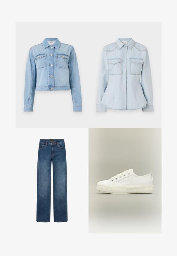 Chaqueta de denim azul claro con un diseño corto, que presenta dos bolsillos en el pecho, botones plateados y adornos de strass dispersos.; Camisa de denim azul claro con un diseño ajustado, cuello puntiagudo, dos bolsillos en el pecho y costuras en contraste. Presenta cierre de botones y mangas largas.; Vaqueros de pierna ancha en lavado azul medio. Cuentan con cinco bolsillos, cierre de botón y cremallera, y costuras doblemente reforzadas. Tejido duradero.; Zapatilla deportiva blanca de caña baja con suela gruesa acanalada, cordones delanteros y tira para tirar en el talón sobre un fondo neutro.