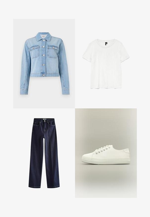Hellblaues Denim-Jackett mit cropped Design, ausgestattet mit zwei Brusttaschen, silbernen Knöpfen und verstreuten Strass-Applikationen.; Weißes T-Shirt mit kurzen Ärmeln und rundem Ausschnitt, hergestellt aus leichtem Stoff. Schlichtes Design, glatte Textur und gerader Saum.; Next Jeans Straight Leg - rinse blue; Weißer Low-Top-Sneaker mit weißen Schnürsenkeln und Gummisohle, seitlich auf neutralem Hintergrund dargestellt.