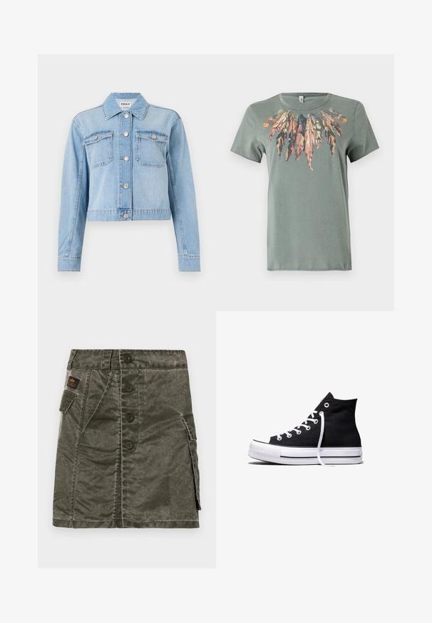 Lichtblauwe denimjas met een cropped ontwerp, voorzien van twee borstzakken, zilveren knopen en verspreide strassversieringen.; Groene katoenen t-shirt met korte mouwen en een ronde hals, met een kleurrijke bladerenprint bij de halslijn in aardetinten.; Olijfgroene rok met knopen aan de voorkant, gemaakt van gestructureerde stof, met een zijzak en stikdetails. Regular fit, knielange ontwerp.; Zwarte hooggesloten canvas sneaker met witte rubberen zool en witte veters, zijwaarts weergegeven op een witte achtergrond.