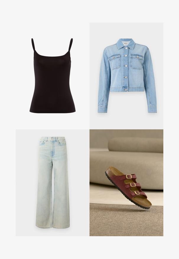 Lysblå denimjakke med en cropped design, der har to brystlommer, sølvknapper og spredte rhinsten dekorationer.; Sorte camisole-top med tynde stropper, lavet af glat stof. Har en tætsiddende design og en rund halsudskæring, uden mønstre eller dekorationer.; Lyseblå jeans med høj talje og vide ben, med forreste knap- og lynlåslukning, bæltestropper og fem-lommer design.; Brun sandal med tre justerbare remme og spænder, der svæver over et beige tæppe i en neutral stue.
