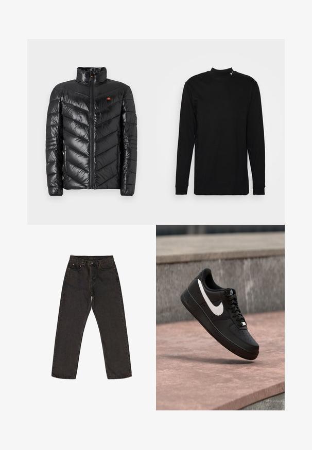 Sort dunjakke med høj krave, quiltet fiskebensmønster, frontlynlås og lille logo på brystet. Glat, skinnende tekstur.; Nike Sportswear MOCK NECK - Sweatshirt - black; Mørkegrå denim jeans med en løs pasform, der har et fem-lomme design, synlige syninger og en knaplukning i taljen.; Sort Nike Air Force 1-sneaker med hvid swoosh-logo, svævende over en stenovertflade med en grå tekstureret væg i baggrunden.