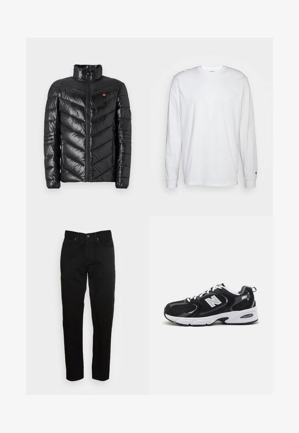 Veste matelassée noire avec un col montant, motif en chevrons matelassé, fermeture éclair à l'avant et petit logo sur la poitrine. Texture lisse et brillante.; T-shirt blanc à manches longues en coton. Design à col rond avec des poignets côtelés et un petit logo sur la manche gauche. Texture lisse.; Jean slim noir avec fermeture à bouton à l'avant et design à cinq poches, présenté sur un fond gris clair uni.; Baskets de sport noires et grises avec un tige en mesh et en suède, présentant une semelle intermédiaire blanche, des lacets et un logo "N" audacieux sur le côté.