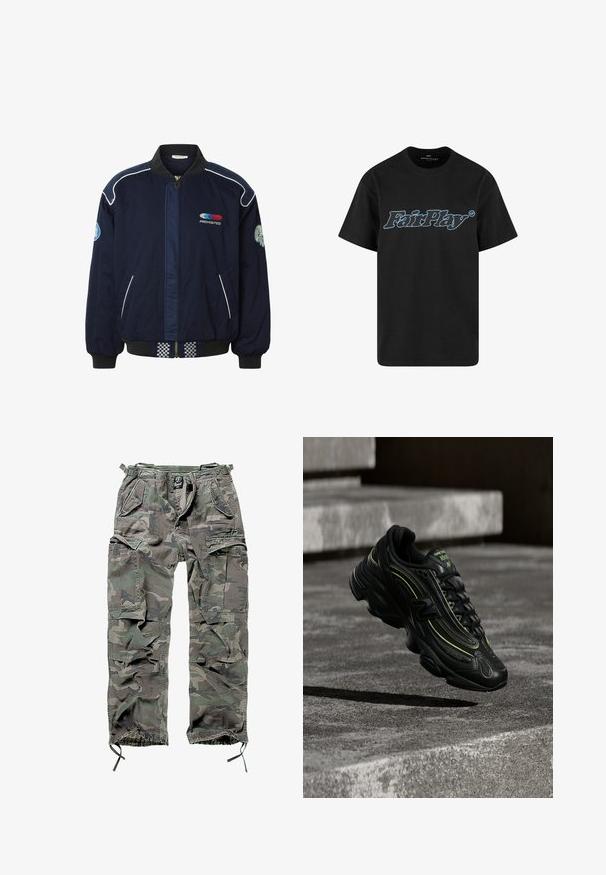 Marineblå quiltet bomberjakke med sort krave, hvide piping, foran lynlås, sidelommer og broderede mærker på bryst og ærmer.; Sorte bomulds t-shirt med et fremtrædende blåt "FairPlay" logo i en fed, stiliseret skrifttype på tværs af brystet. Korte ærmer, rund halsudskæring.; Camo cargo bukser i grøn og grå, med flere lommer, elastisk talje, justerbare ankelmanchetter og en afslappet pasform.; Sort New Balance sneaker med neon grønne accenter svævende over grå betontrin i dæmpet belysning.