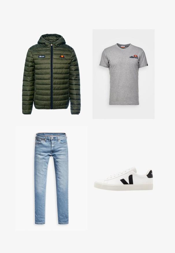 Oliven grøn puffjakke med hætte, der har quiltet tekstur, front lynlås og logoer på brystet. Lavet af let materiale.; Grå bomulds t-shirt med korte ærmer. Har et mørkeblåt "ellesse" logo på venstre bryst og et farverigt logo detaljeret ved halsudskæringen.; Lyseblå denimbukser, lige pasform, fem-lomme design, med lynlås og knaplukning. Glat tekstur med subtile falmede detaljer.; Hvide lædersneakers med sorte ruskindsdetaljer; har en gummisål, rund tå og klassisk snørebåndsdesign. Side logo i sort.