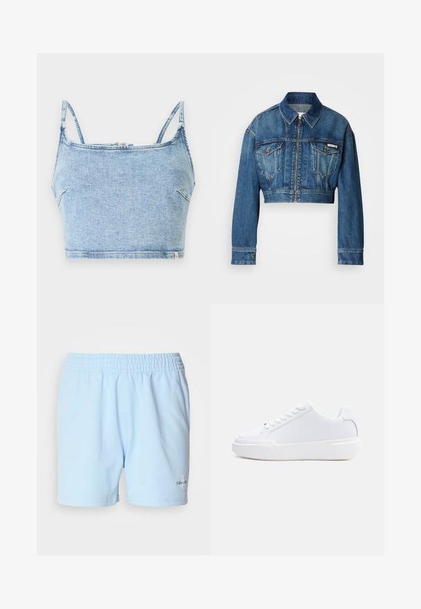 Kort denimjakke i mellemblå vask. Har en spids krave, lynlås-lukning, to brystlommer og lange ærmer med manchet-detaljer.; Lysblå denim crop top med tynde justerbare stropper, der har en frontlynlås og en glat tekstur, designet til en tætsiddende pasform.; Lyseblå shorts med elastisk talje, prydet med "Calvin Klein"-logoen nær kanten, præsenteret på en neutral baggrund.; Hvid lavtop-sneaker med snørelukning, tyk sål og glat overdel, vist fra ydersiden mod en ensartet lys baggrund.