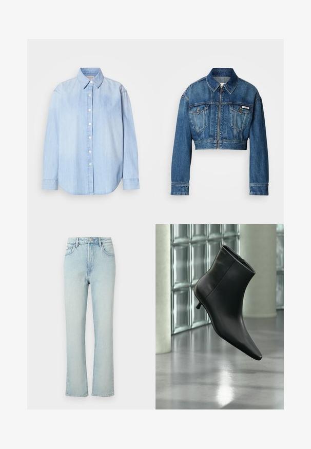 Kort denimjakke i mellemblå vask. Har en spids krave, lynlås-lukning, to brystlommer og lange ærmer med manchet-detaljer.; Lyseblå denimskjorte, lange ærmer, standard krave, frontend-knaplukning, rundet kant, glat tekstur med let falming.; Lyseblå jeans med høj talje og lige ben, med forreste knap, bæltestropper og klassisk femlomme design mod en ensfarvet baggrund.; Sort læderankelstøvle med spids tå og lav kitten-hæ, vist vinklet mod en poleret gulv- og glasblokvæg.