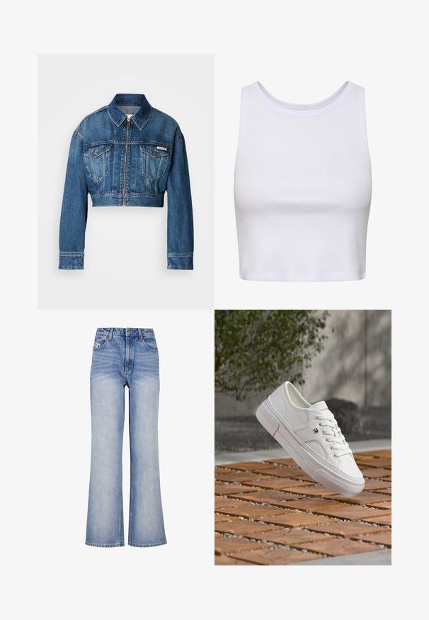 Kort denimjakke i mellemblå vask. Har en spids krave, lynlås-lukning, to brystlommer og lange ærmer med manchet-detaljer.; Hvid crop-top lavet af ribbet stof, med en rund halsudskæring og ærmeløs design samt en figursyet silhuet. Ingen mønstre eller detaljer.; Lys blå denim bred-benede jeans har høj talje, knaplukning, diskret slidmærker og et klassisk fem-lomme design.; Hvid læder sneaker med snørebånd og et lille rødt, hvidt og blåt logo, der svæver over en mønstret træ- og grusbelægning udendørs.