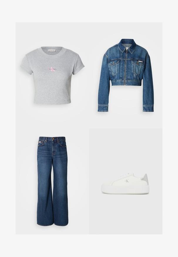 Kort denimjakke i mellemblå vask. Har en spids krave, lynlås-lukning, to brystlommer og lange ærmer med manchet-detaljer.; Grå cropped t-shirt lavet af bomuld, med ribbet tekstur og korte ærmer. Viser et rosa Calvin Klein-logo på forsiden.; Bredde jeans lavet af mørkeblåt denim. Funktioner inkluderer en høj talje, fem lommer og kontrasterende orange syninger langs sømmene.; Hvide lærredssneakers med en tyk hvid sål, prydet med en metallic sølvaccent på hælen og en diskret logo-detalje på siden.