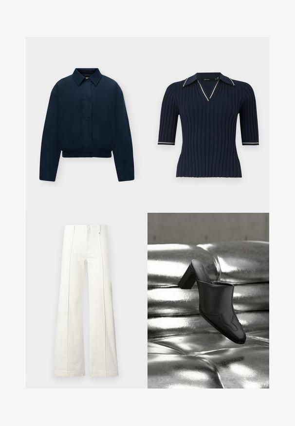Veste bleu marine à manches longues avec col, boutons cachés sur le devant, poches latérales et ourlet élastiqué, présentée sur un fond clair uni.; Haut à manches courtes en maille côtelée bleu marine avec un col en V et un col orné d’une bordure blanche sur les bords du col et des poignets.; Pantalon blanc taille haute à jambes larges avec coutures avant et passants pour ceinture, présenté sur un fond clair uni.; Mule en cuir noir avec talon bloc reposant sur une surface argentée brillante capitonnée, mettant en valeur son design élégant et ses détails incurvés.
