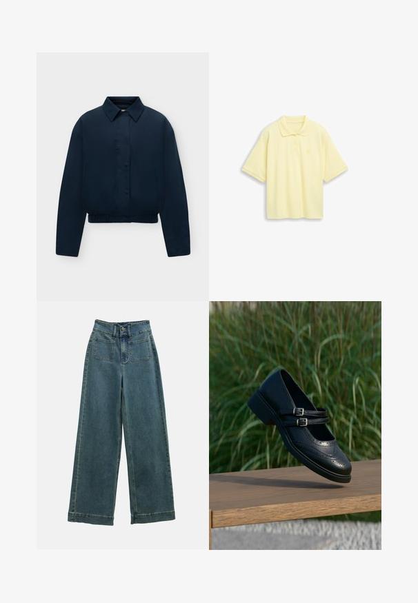 Chaqueta azul marino de manga larga con cuello, botones delanteros ocultos, bolsillos laterales y bajo elástico, mostrada sobre un fondo liso y claro.; Polo de manga corta de color amarillo pálido con dos botones y un pequeño detalle de corazón en el lado izquierdo del pecho, sobre un fondo sencillo.; Pantalones de mezclilla de pierna ancha en azul desteñido, con una cintura alta, dos bolsillos frontales y un cierre clásico de botón. La tela tiene una textura suave y lisa.; Zapato Mary Jane negro de cuero con dobles correas con hebillas y detalles brogue, flotando sobre un banco de madera con fondo de césped verde.