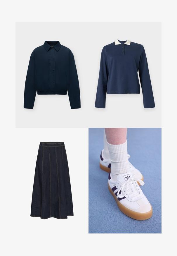 Chaqueta azul marino de manga larga con cuello, botones delanteros ocultos, bolsillos laterales y bajo elástico, mostrada sobre un fondo liso y claro.; Polo de manga larga azul marino con cuello blanco y tapeta de tres botones, exhibido sobre un fondo liso.; Falda A de mezclilla oscura con una cinturilla ancha, costuras visibles y un dobladillo acampanado. No tiene bolsillos ni adornos.; Zapatillas Adidas Samba blancas con rayas moradas, con suela de goma y cordones. Llevadas con calcetas blancas de canalé.