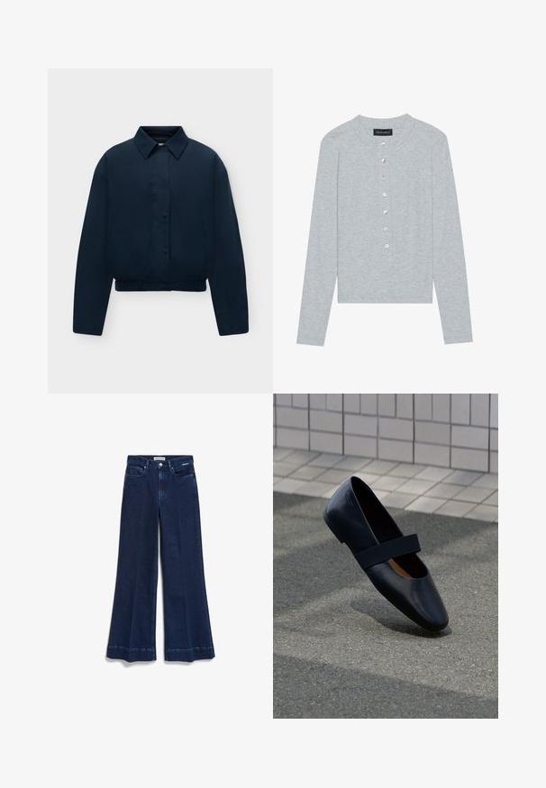 Marineblauwe lange mouwen jas met kraag, verborgen knopen aan de voorkant, zijzakken en elastische zoom, weergegeven op een effen lichte achtergrond.; Grijze cardigan met lange mouwen van geribbelde stof, voorzien van een ronde halslijn en zes knopen aan de voorkant met een lichte glans.; Wijdvallende donkerdenim jeans met een klassiek vijf-pocket ontwerp, een sluiting met een knoop aan de voorkant en een ruwe zoom met zijnaad voor een gestructureerde uitstraling.; Zwarte leren platte schoen met een ronde neus, voorzien van een zachte zwarte elastische band over de wreef. Gladde textuur en minimalistisch ontwerp.