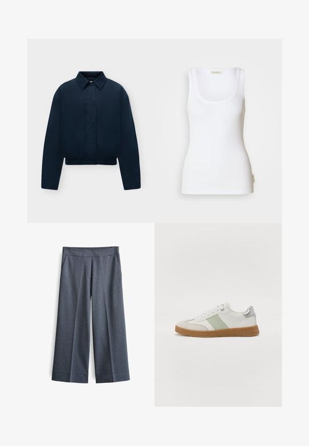 Marineblaue Jacke mit langen Ärmeln, Kragen, verdeckten Knöpfen vorne, Seitentaschen und elastischem Saum, auf schlichtem hellem Hintergrund dargestellt.; Weißes, geripptes Tanktop mit Rundhalsausschnitt und breiten Trägern. Mit einem Logolabel am seitlichen Saum. Hergestellt aus weichem, dehnbarem Stoff.; Weite Hosen aus dunkelgrauem Stoff. Mit elastischem Bund, zwei Vordertaschen und einer glatten Textur mit einem dezenten Muster.; TOM TAILOR Sneaker low - white/mint