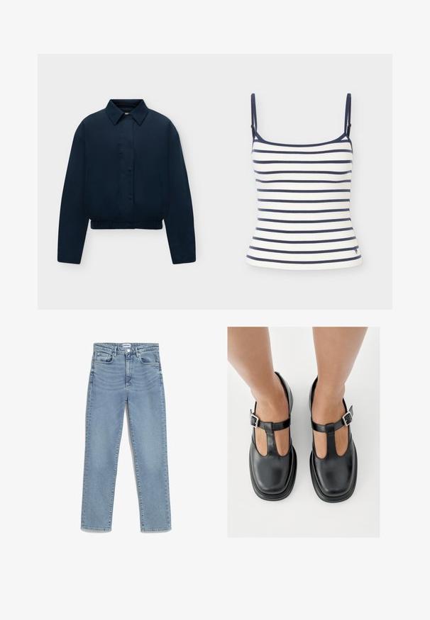Marineblauwe lange mouwen jas met kraag, verborgen knopen aan de voorkant, zijzakken en elastische zoom, weergegeven op een effen lichte achtergrond.; Wit tanktopje met marineblauwe horizontale strepen en dunne verstelbare schouderbandjes op een lichte achtergrond.; Lichtblauwe jeans met een recht model, vijf-pocket ontwerp, sluiting met een voorknoop en subtiele vervaging op de bovenbenen. Klassieke denimtextuur.; Zwarte leren schoenen met een T-bandontwerp, gesloten teensluiting en zilverkleurige gespdetails. Glad oppervlak met een ronde neus en platte zool.