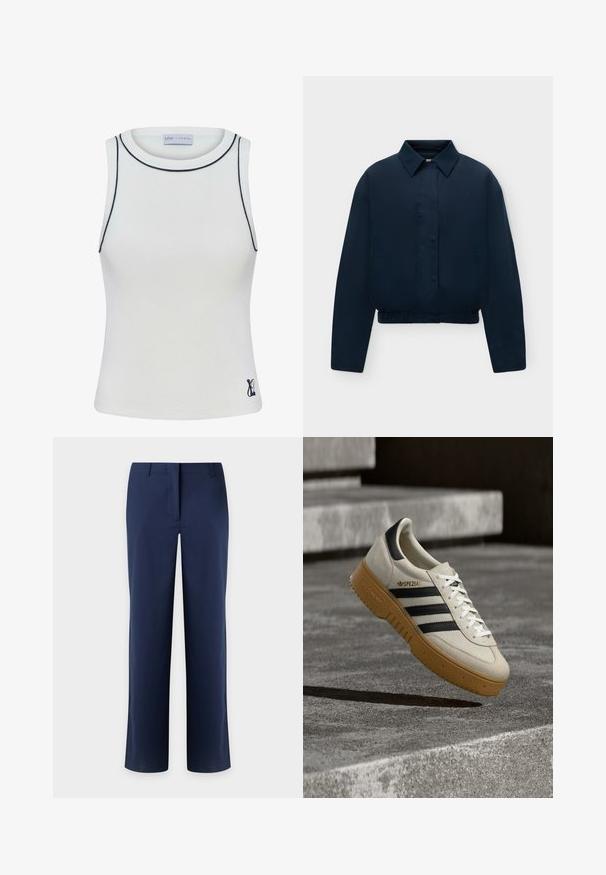 Marineblauwe lange mouwen jas met kraag, verborgen knopen aan de voorkant, zijzakken en elastische zoom, weergegeven op een effen lichte achtergrond.; Witte geribde tanktop met een hoge halslijn en marineblauwe accenten langs de randen. Bevat een klein logo op de onderste rechterzijde. Rekbare stof.; Donkerblauwe broek met rechte pijpen, riemlussen en een verborgen voorstuksluiting, getoond tegen een lichte achtergrond.; Beige suède sneaker met zwarte strepen, witte veters en een zool van gumrubber. Heeft "SPEZIAL" branding aan de zijkant.
