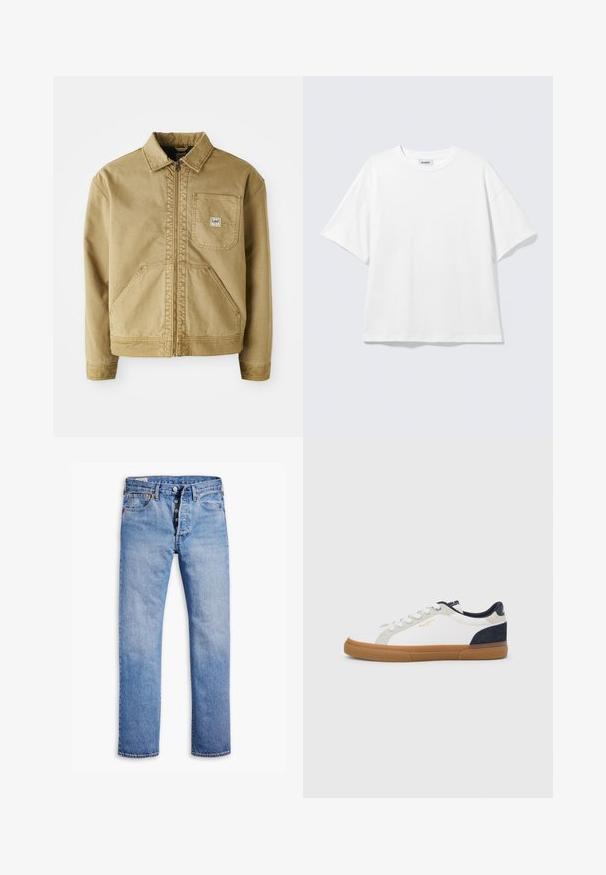 Beige Jacke mit Reißverschluss, spitzem Kragen, Brusttasche und großen seitlichen Taschen. Hergestellt aus robuster Stoff mit sichtbaren Nähten.; Weißes oversized T-Shirt mit kurzen Ärmeln und Rundhalsausschnitt mit eingesetzten Schultern, flach auf hellgrauem Hintergrund.; Helle blaue Jeans mit geradem Bein, Fünf-Knopf-Verschluss, Gürtelschlaufen und dezentem Verblassen. Verfügt über zwei Fronttaschen und kupferfarbene Nieten.; Weiße Leinensneaker mit marineblauen und grauen Wildlederakzenten. Verfügt über eine Sohle aus Gummireifen, eine abgerundete Spitze und ein klassisches Schnürdesign.