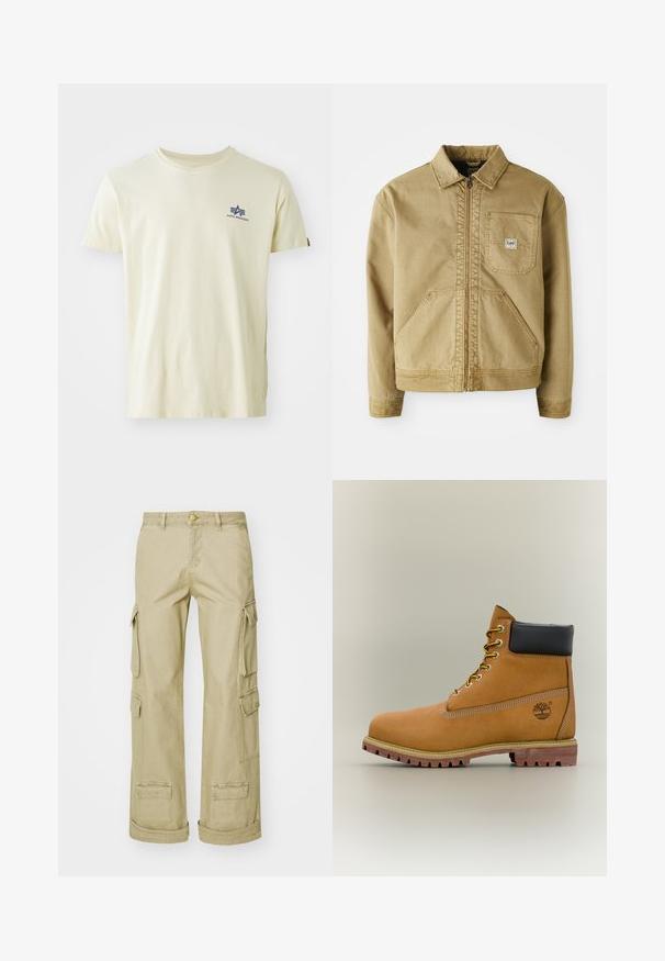 Beige Jacke mit Reißverschluss, spitzem Kragen, Brusttasche und großen seitlichen Taschen. Hergestellt aus robuster Stoff mit sichtbaren Nähten.; Beiges T-Shirt mit kurzen Ärmeln und Rundhalsausschnitt mit kleinem blauem Alpha Industries-Logo auf der oberen linken Brust.; Beige Cargo-Hosen aus strapazierfähigem Material, mit mehreren Seitentaschen, einem Knopfverschluss und einem lässigen Schnitt.; Brauner Leder-Stiefelette mit schwarzem Kragen, gelben Schnürsenkeln und hellbrauner Sohle. Verfügt über ein Logo und weiße Ziernähe. Robuste Profilsohle.