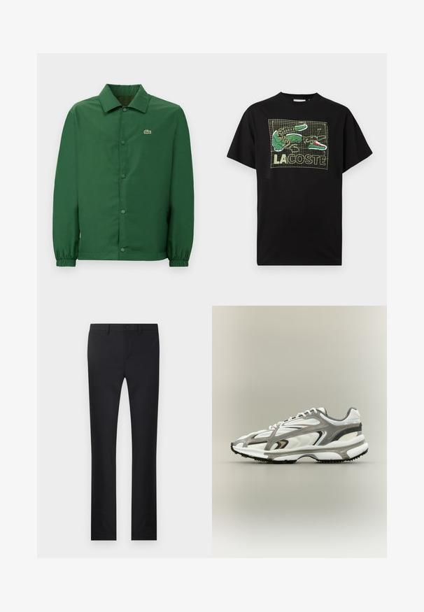 Chaqueta verde con un cuello, botones de presión en el frente y puños elásticos. Presenta un pequeño logo bordado en el lado izquierdo del pecho. Textura suave.; Camiseta de algodón negra con un patrón de cuadrícula, gráfico de cocodrilo verde y el texto "LA COSTE" en letras negritas en todo el diseño. Corte casual.; Pantalones negros con diseño de pierna recta, confeccionados en una tela suave. Presenta bolsillos frontales, cierre de botón y trabillas para cinturón.; Zapatilla deportiva con una parte superior de malla blanca, acentos grises, suela de goma negra y un diseño aerodinámico. Presenta cordones y detalles texturizados.