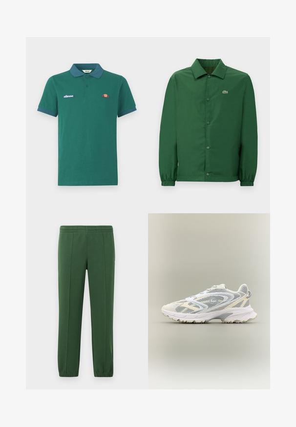 Chaqueta verde con un cuello, botones de presión en el frente y puños elásticos. Presenta un pequeño logo bordado en el lado izquierdo del pecho. Textura suave.; Polo verde de algodón con cuello y puños en azul contrastante. Presenta un logo bordado y un pequeño diseño colorido en el pecho.; Pantalones de chándal verdes hechos de una tela suave; cuentan con una cintura elástica, perneras ajustadas y un pequeño logo en el lado.; Zapatilla deportiva blanca con paneles de malla gris, superposiciones texturizadas, un collar acolchado y una suela de goma con pequeños picos de tracción.