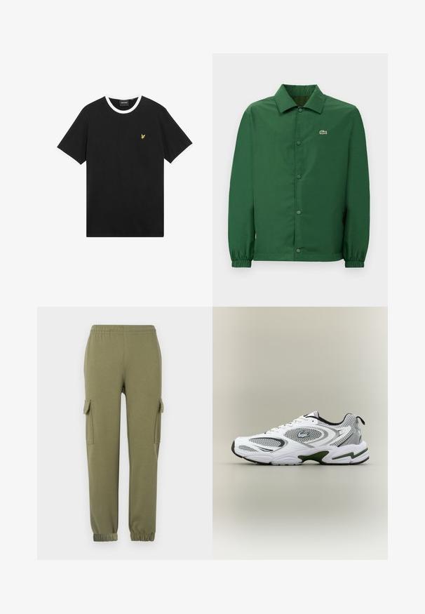 Groene jas met kraag, drukknopen aan de voorkant en elastische manchetten. Voorzien van een klein geborduurd logo op de linkerborst. Gladde textuur.; Zwart T-shirt met witte kraag en mouwranden, gemaakt van katoen. Voorzien van een klein geel geborduurd adelaarlogo op de borst.; Cargo broek in olijfgroene lichtgewicht stof, met zijzakken, een elastische tailleband en aansluitende manchetten voor een strakke fit.; Witte en grijze sportieve hardloopschoen met meshpanelen, groene accenten, zwarte details en een logo aan de zijkant, getoond vanaf de buitenkant.