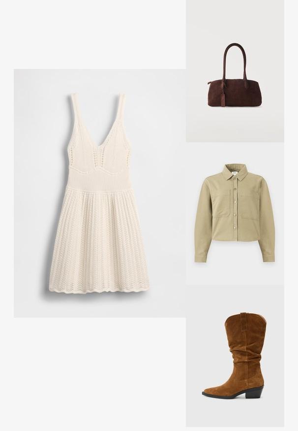 Beige overhemd met lange mouwen, knopen voor, kraag en twee opgestikte voorzakken, cropped zoom en zichtbare stiksel details.; Gebreide jurk in crème, met een V-hals, geribbelde lijfje en uitlopende rok met een gegolfde zoom en een opengewerkt patroon overal.; Bruine suède cowboylaars met een slouchy ontwerp, spitse teen en een gestapelde hak. Voorzien van stiksels en een aantrekband aan de achterkant.; Donkerbruine suède handtas met twee lange hengsels en een klein bevestigd label, tegen een effen lichte achtergrond.