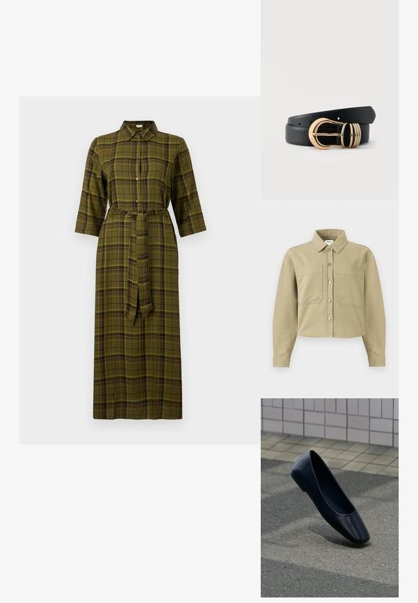 Chemise beige à manches longues avec boutons, col, deux poches plaquées devant, ourlet raccourci et détails de coutures visibles.; Robe midi à carreaux verts avec un col, des manches trois-quarts, une ceinture à nouer et des boutons sur le devant.; Chaussure plate en cuir noir debout sur une surface asphaltée près du bord d'un trottoir carrelé.; Ceinture en cuir noir roulée avec boucle en métal doré brillant et trois passants dorés sur fond blanc uni.