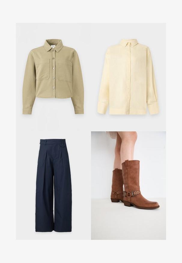 Beige skjorte med knapper, lange ærmer, krave og to forlommer foran, afkortet kant og synlige syningsdetaljer.; Cremefarvet skjorte med lange ærmer og knapper, med en struktureret krave og brede manchetter, vist på en ensartet lys baggrund.; Navyblå viddebenede bukser med læg, bæltestropper og høj talje, vist mod en ensartet lys baggrund.; Brune læderankelstøvler med en let spids tå, dekorative spænder og en lav stablet hæl. Glat tekstur med en mat finish.