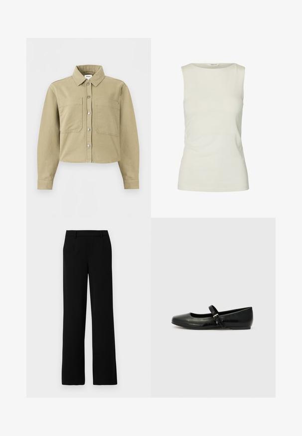 Chemise beige à manches longues avec boutons, col, deux poches plaquées devant, ourlet raccourci et détails de coutures visibles.; Débardeur blanc uni sans manches avec un col rond, fabriqué en tissu lisse, présenté sur fond blanc.; Pantalons larges noirs en tissu lisse, avec une taille plate, deux poches latérales et une ceinture ajustée pour un look raffiné.; Ballerines en cuir noir avec un bout arrondi, une semelle plate et une fine sangle ajustable sur le cou-de-pied avec une boucle en métal.