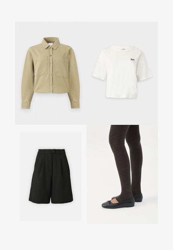 Beige overhemd met lange mouwen, knopen voor, kraag en twee opgestikte voorzakken, cropped zoom en zichtbare stiksel details.; Witte cropped T-shirt met korte mouwen, een ronde hals en kleine bruine "Sweet" tekst op de linkerborst.; Vero Moda Tall VMBECCA BERMUDA - Shorts - black; Benen met donkere geribbelde leggings gecombineerd met zwarte ballerina's met kleine strikdetails op een witte achtergrond.