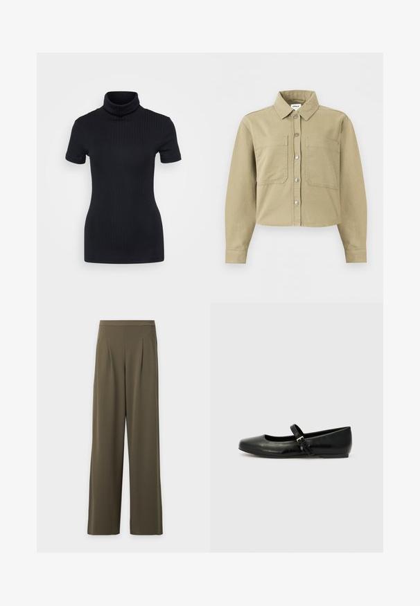 Camisa beige de manga larga con botones, cuello, dos bolsillos delanteros de parche, dobladillo corto y detalles de costuras visibles.; Top de cuello alto negro con acanalado, de manga corta, diseño ajustado, textura suave, costuras mínimas y un cuello alto.; Pantalones de pierna ancha en color verde oliva, de cintura alta, con pliegues frontales y dobladillos rectos, mostrados sobre un fondo blanco liso.; Bailarinas de cuero negro con punta redondeada, suela plana y una delgada correa ajustable en el empeine que cuenta con una hebilla de metal.