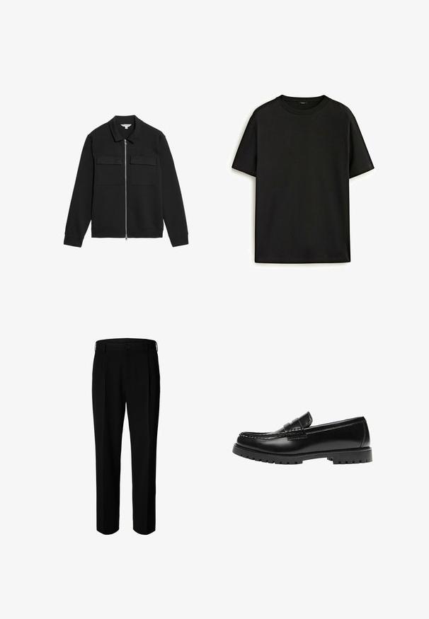 Autograph Leichte Jacke - black; Schwarzes Baumwoll-T-Shirt mit klassischem Rundhalsausschnitt, kurzen Ärmeln und lockerer Passform. Glatte Textur, keine Muster oder Verzierungen.; Schwarze formelle Hose mit Gürtelschlaufen, Frontknopf und Reißverschluss, vor weißem Hintergrund dargestellt.; Schwarzer Leder-Slipper mit dicker Gummisohle und klassischem Penny-Detail an der Riemen, von der Außenseite gezeigt.